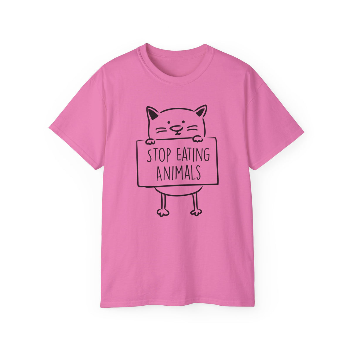 Cat Holding Sign Stop Eating Animals T-Shirt | Vegan Animal Rights Tee