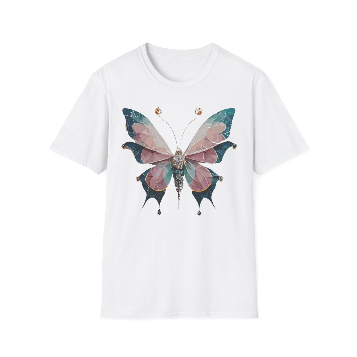 Geometric Pastel Butterfly T-Shirt | Floral Gem Accent Graphic Tee Unisex 100 Cotton Gildan T-Shirt