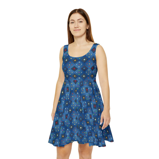 Women Diwali Denim Print Skater Dress, Denim Print Poly-Span Dress - 49