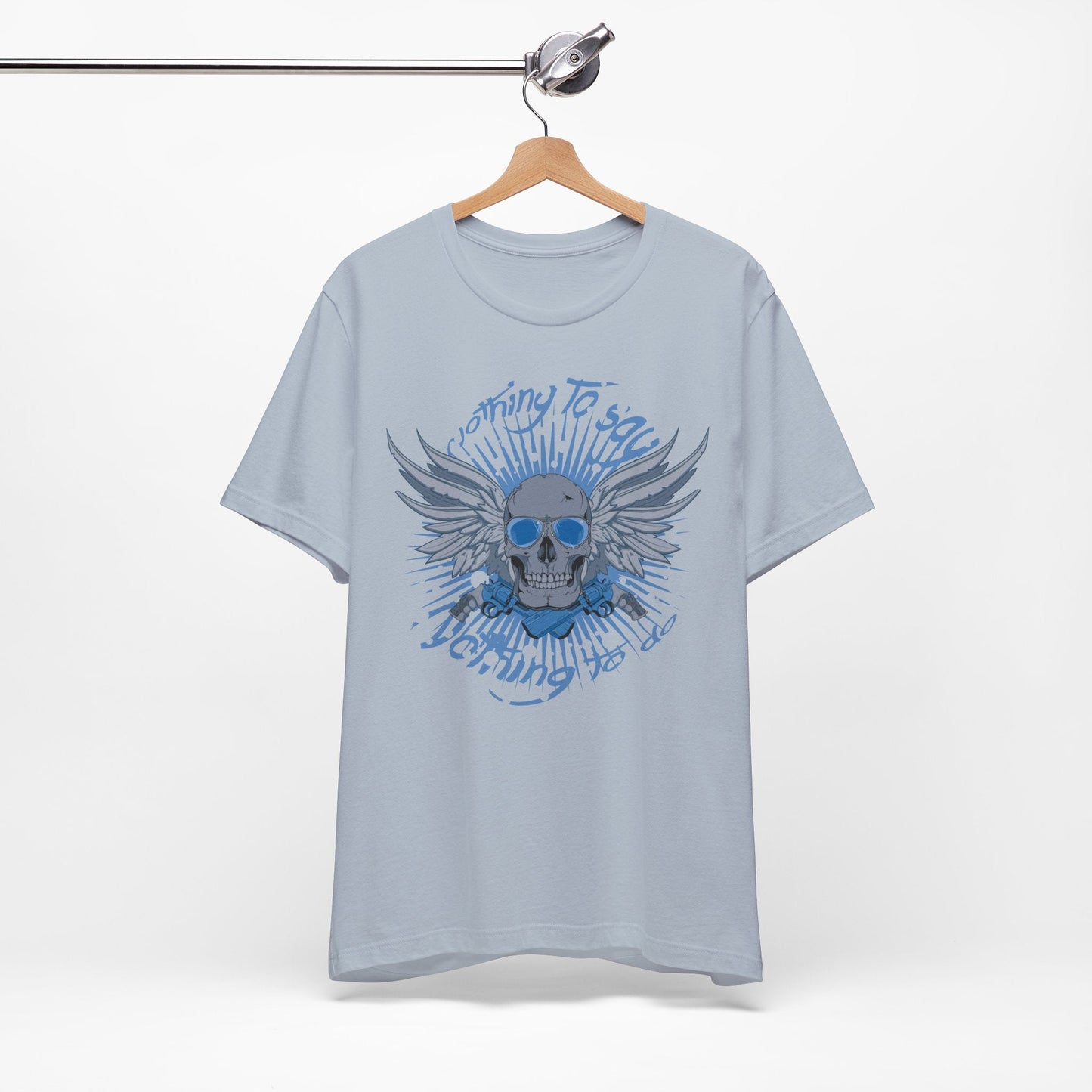 Winged Skull Graphic Tee | Blue Skull with Wings, Radiant Burst