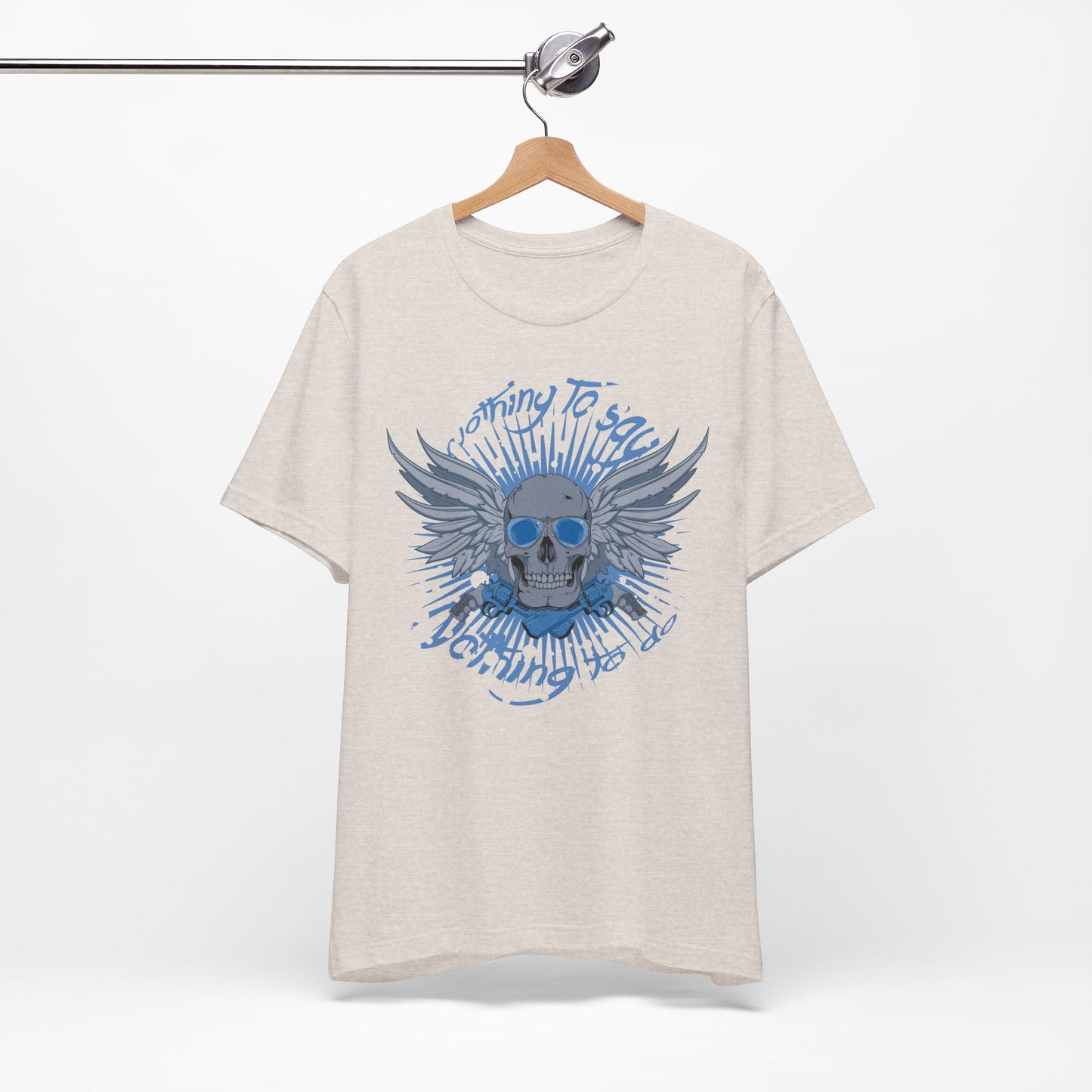 Winged Skull Graphic Tee | Blue Skull with Wings, Radiant Burst