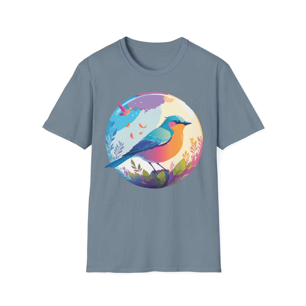 Colorful Bird Illustration T-Shirt | Rainbow Songbird Circle Art
