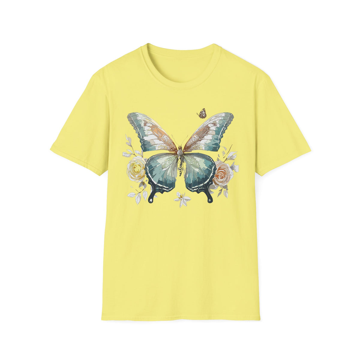 Teal Watercolor Butterfly T-Shirt | Floral Accent Graphic Tee Unisex 100 Cotton Gildan T-Shirt