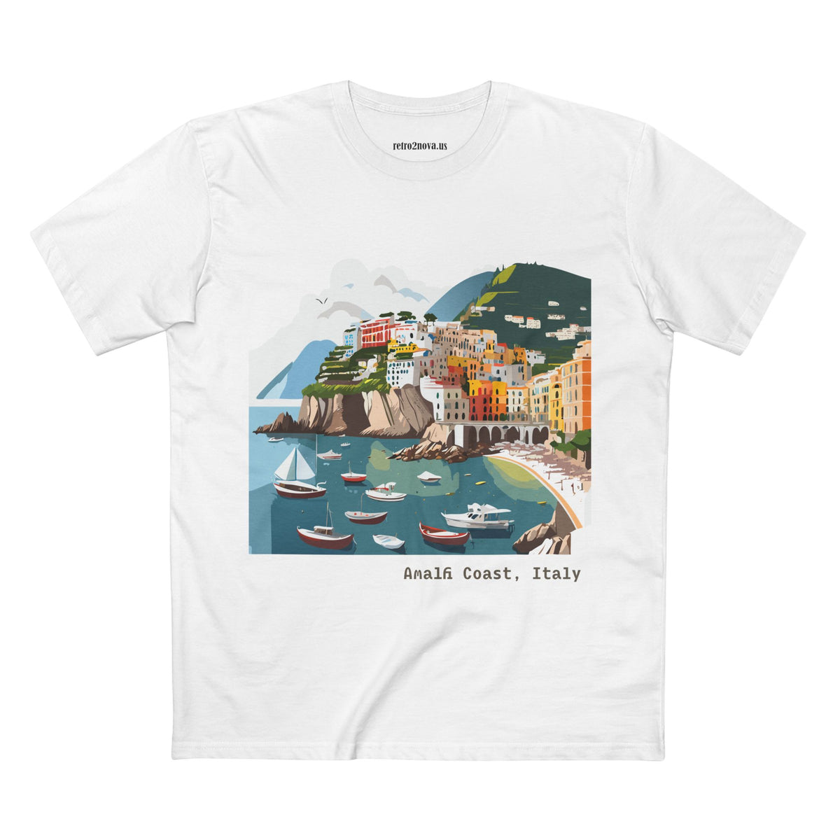 Amalfi Coast Italy Illustration T-Shirt | Coastal Village Beach Scene