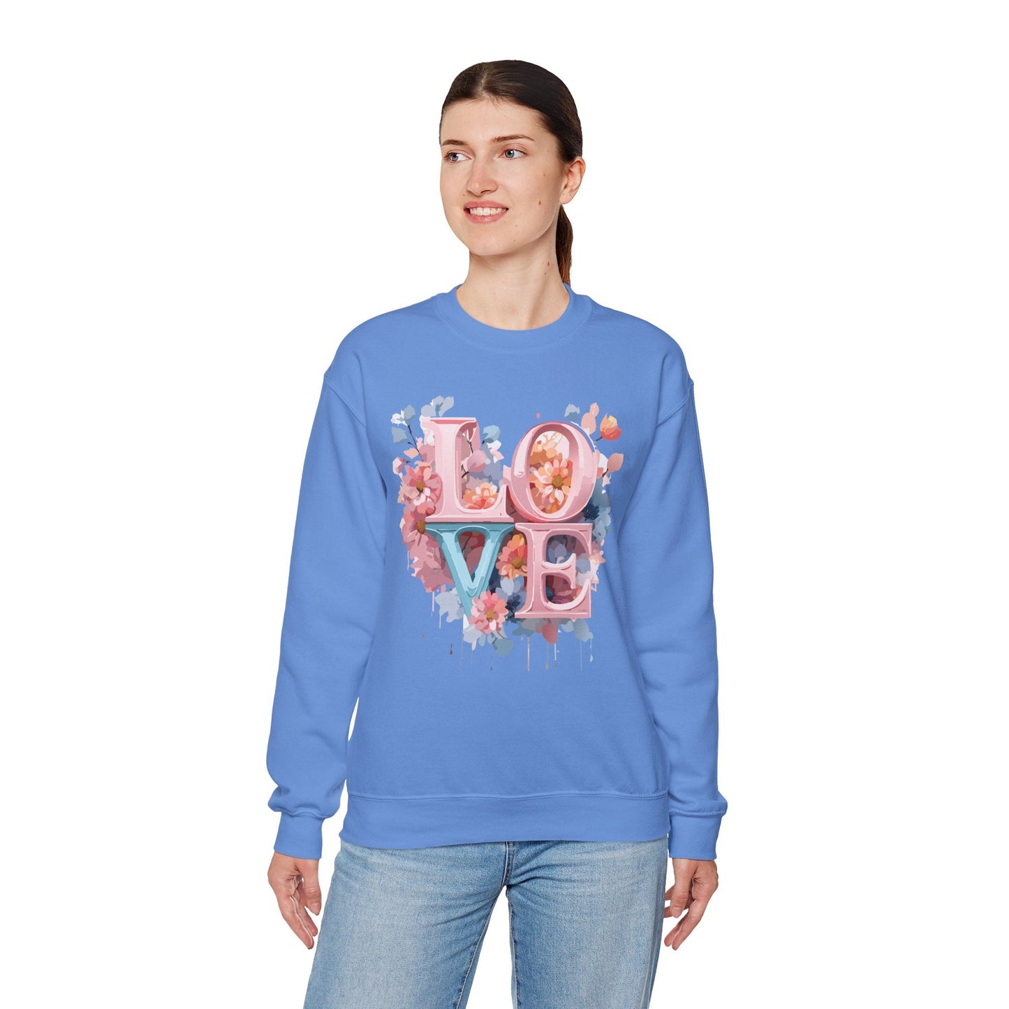 Floral Love Sweatshirt Valentines Day Unisex Heavy Blend Crewneck Gildan 18000 Cotton Polyester