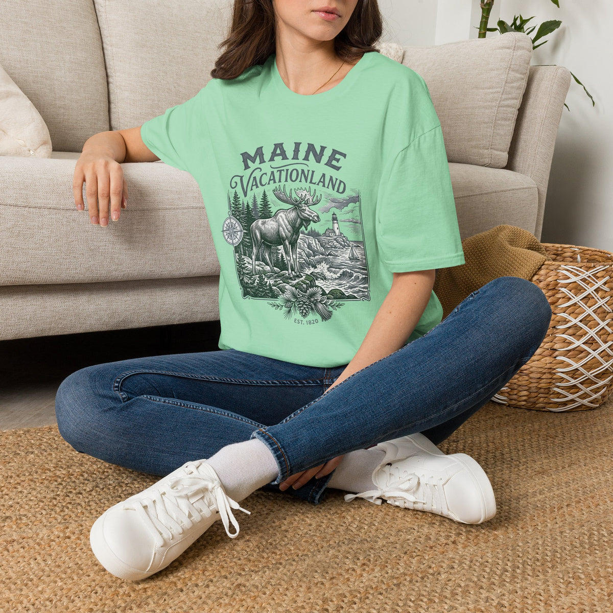 Maine Vacationland T-Shirt – Vintage Moose, Lighthouse State Travel Travel Tourist Graphic Design Unisex 100 Cotton Gildan T-Shirt