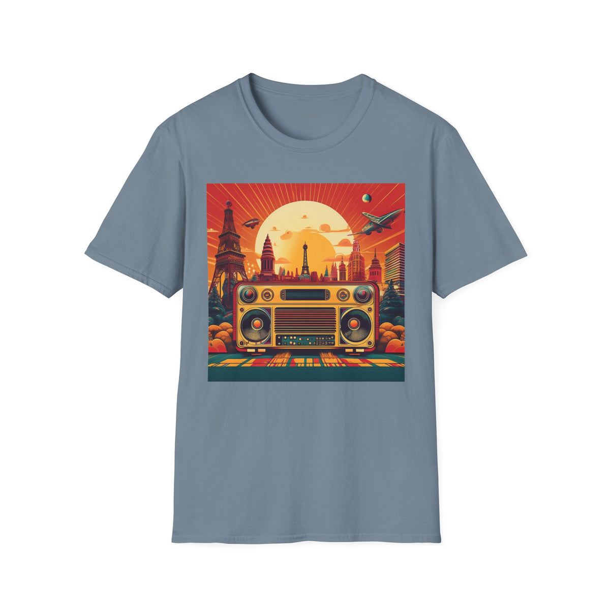 Retro Boombox Sunset Cityscape Graphic Posters, Post Stamps Design Unisex 100 Cotton Gildan T-Shirt