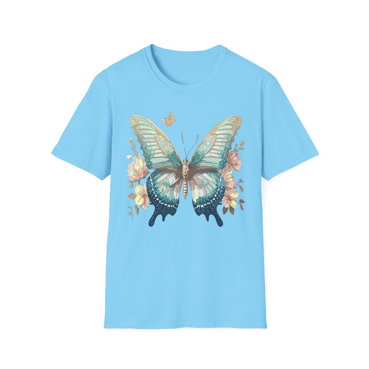 Teal Watercolor Butterfly T-Shirt | Floral Accent, Boho Nature Graphic Tee Unisex 100 Cotton Gildan T-Shirt