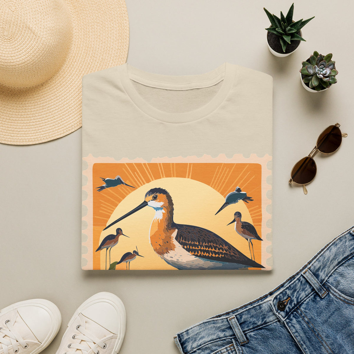 Shorebird Sunset Illustration T-Shirt | Coastal Bird Graphic Tee Unisex 100 Cotton Gildan T-Shirt
