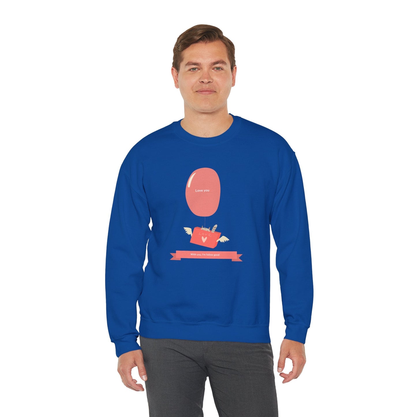 Cat Love Balloon Sweatshirt Unisex Fifty Fifty Cotton Poly Valentine Heavy Blend Crewneck Sweatshirt