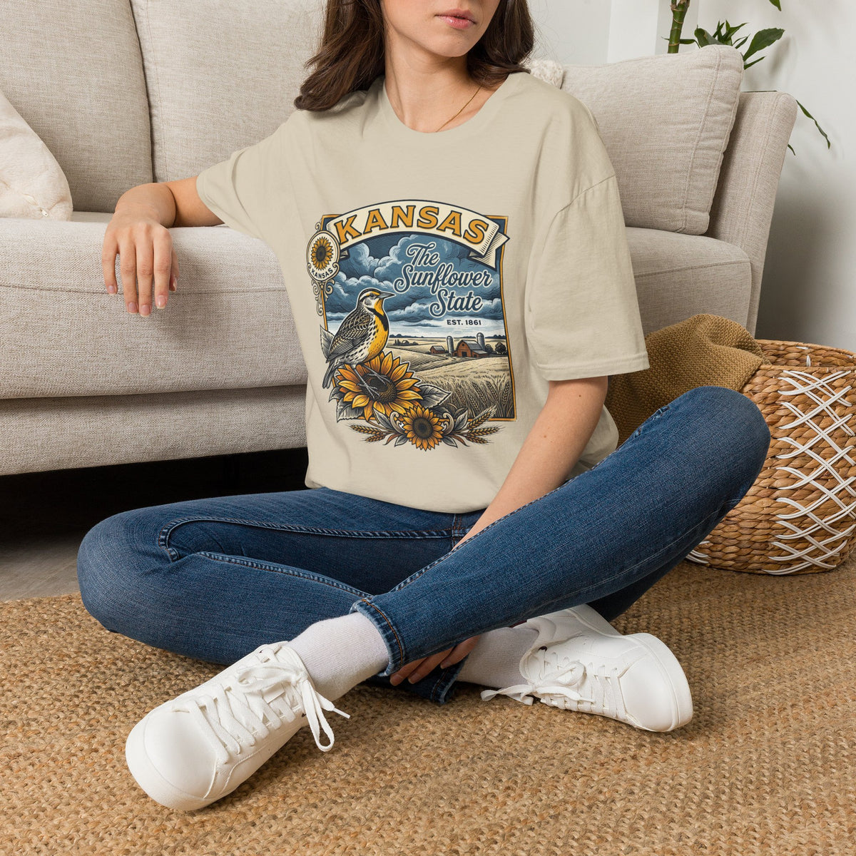 Kansas Sunflower State T-Shirt | Meadow Bird Vintage Travel Tourist Graphic Design Unisex 100 Cotton Gildan T-Shirt