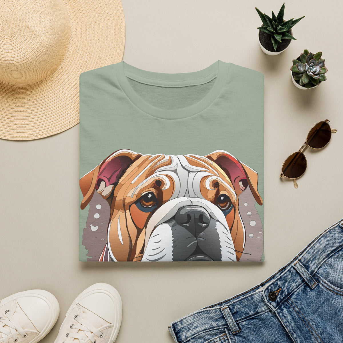 Bulldog Graphic T-Shirt — Colorful English Bulldog Portrait Graphic Design Unisex 100 Cotton Gildan T-Shirt