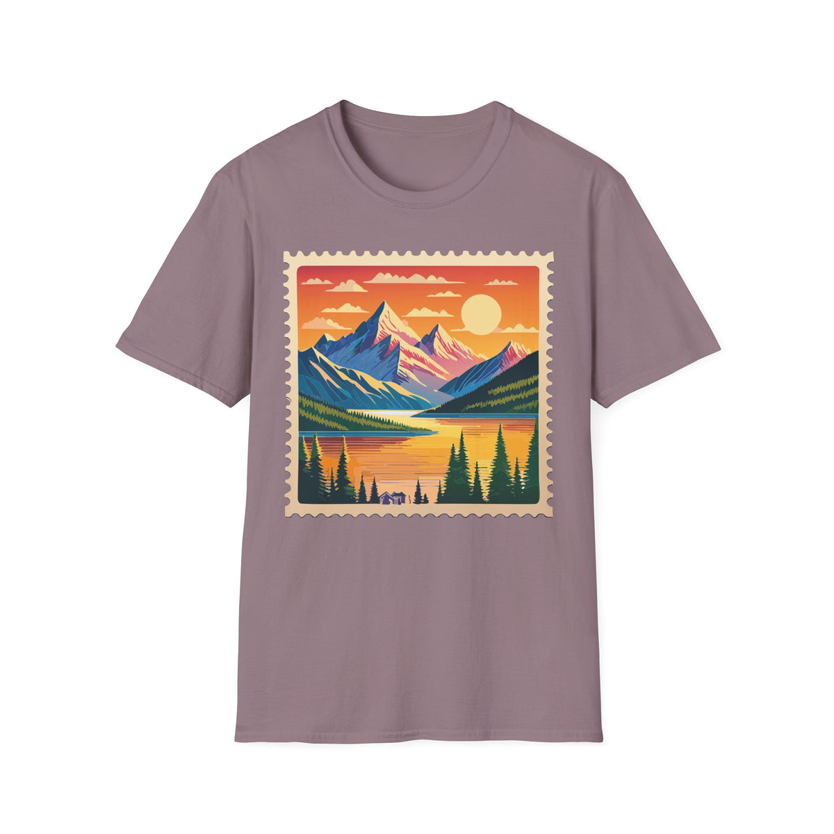 Sunset Mountain Landscape T-Shirt | Vintage Stamp Style