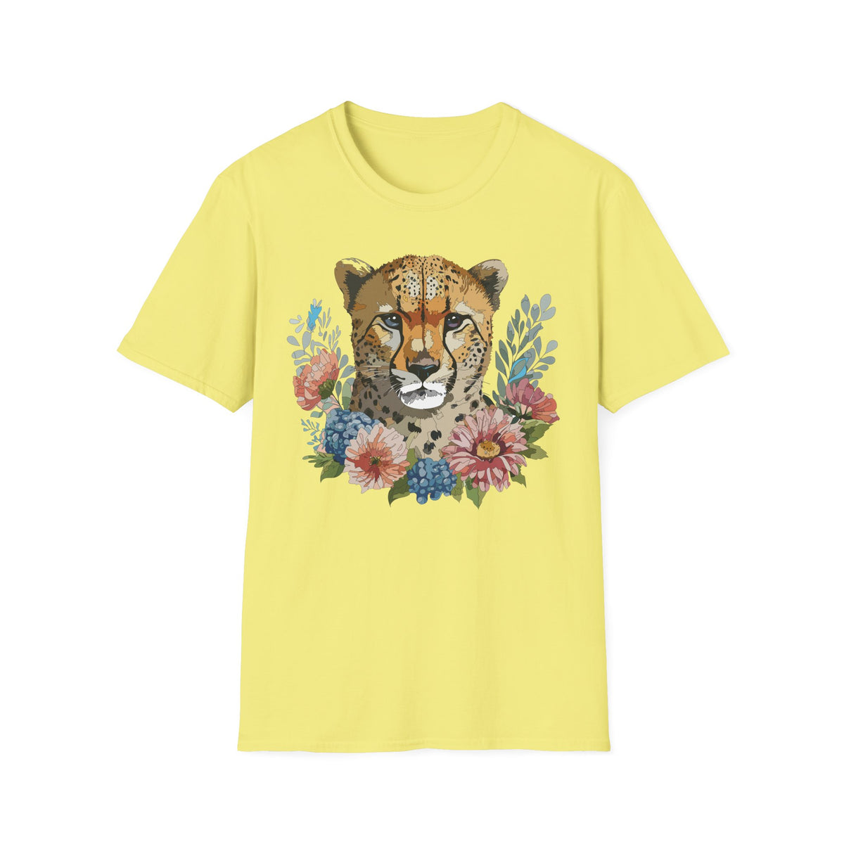 Floral Cheetah Face T-Shirt | Wild Cat Illustration, Botanical Accent