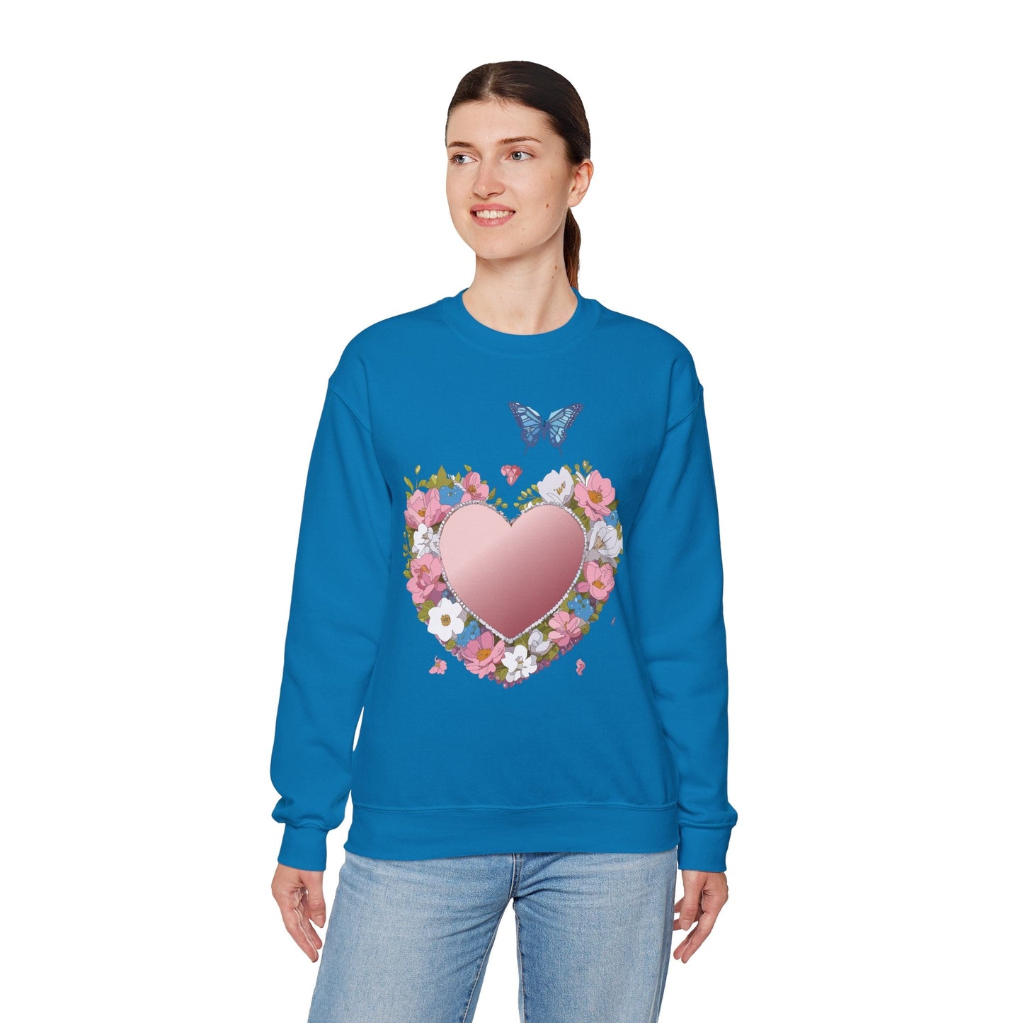 Unisex Floral Heart Sweatshirt Valentines Day Love Crewneck Gildan 18000 50/50 Cotton Polyester