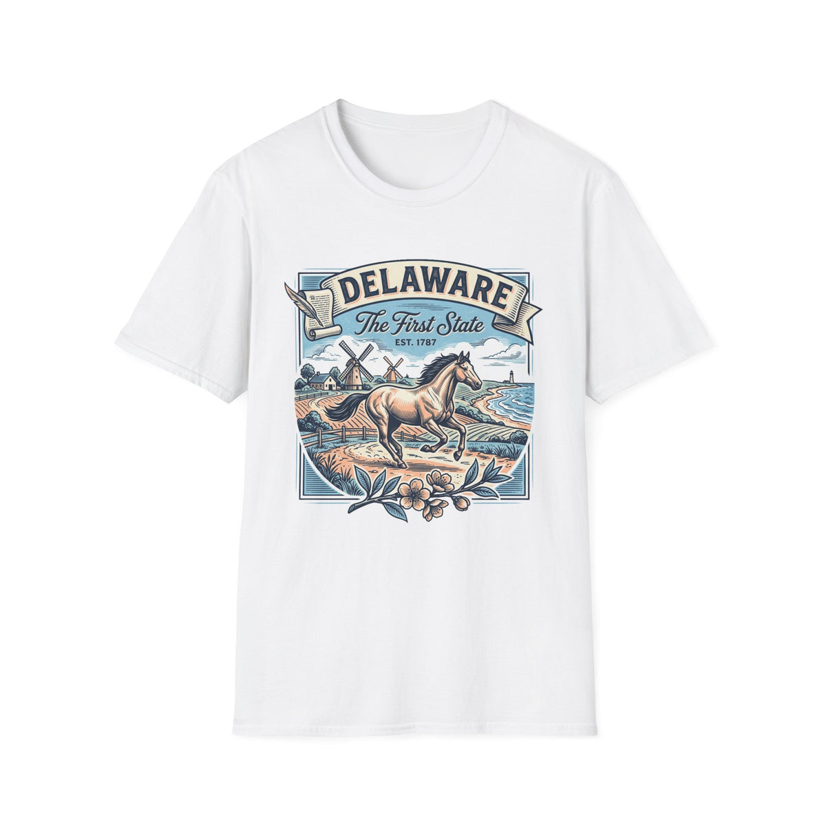Delaware 'The First State' Scenic Travel Tourist Graphic Tee Unisex 100 Cotton Gildan T-Shirt