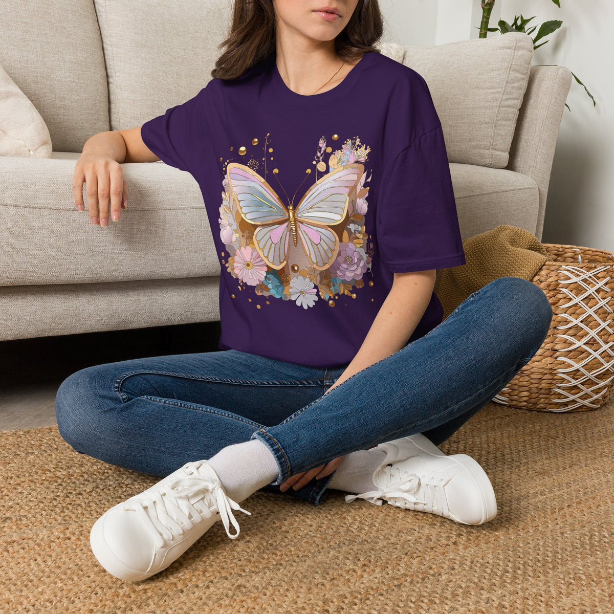 Pastel Butterfly Floral T-Shirt — Gold Accent Butterfly Graphic Design Unisex 100 Cotton Gildan T-Shirt
