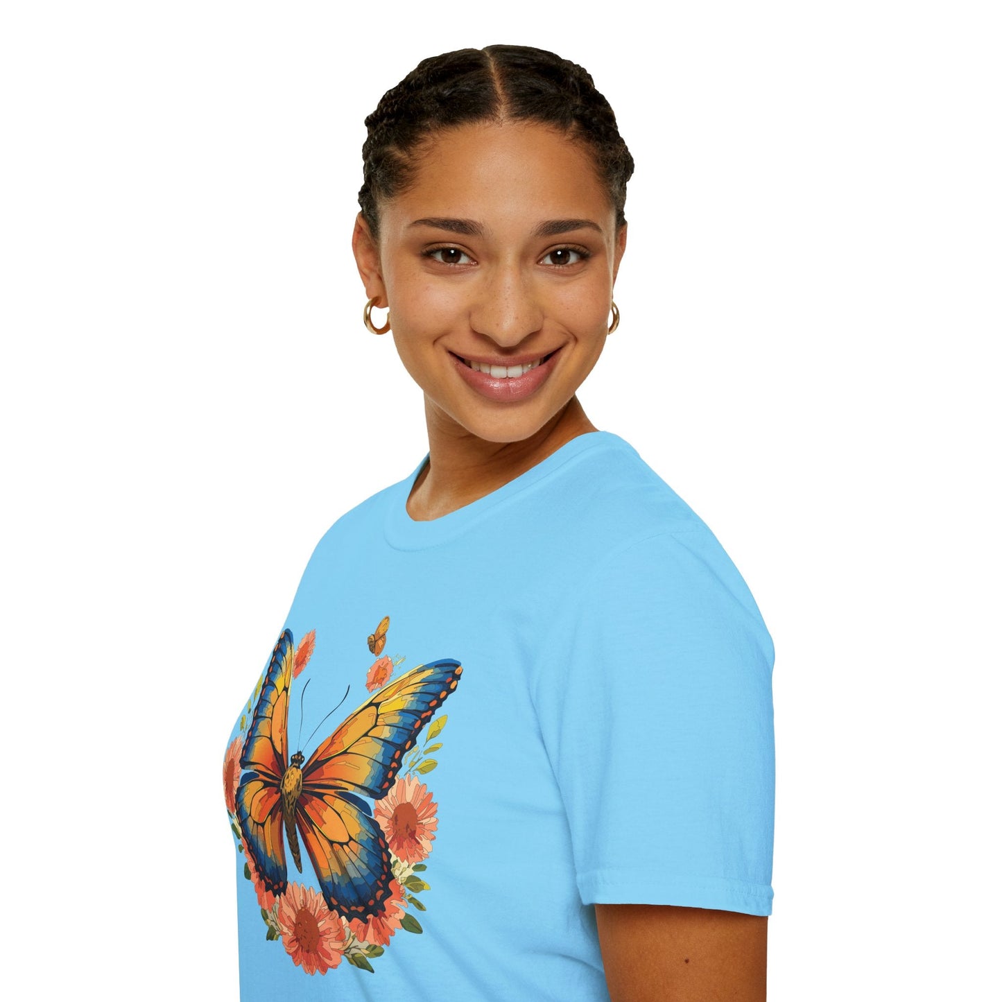 Butterfly T Shirt Unisex Softstyle Gildan 64000 Monarch Print 100 Percent Ring Spun Cotton