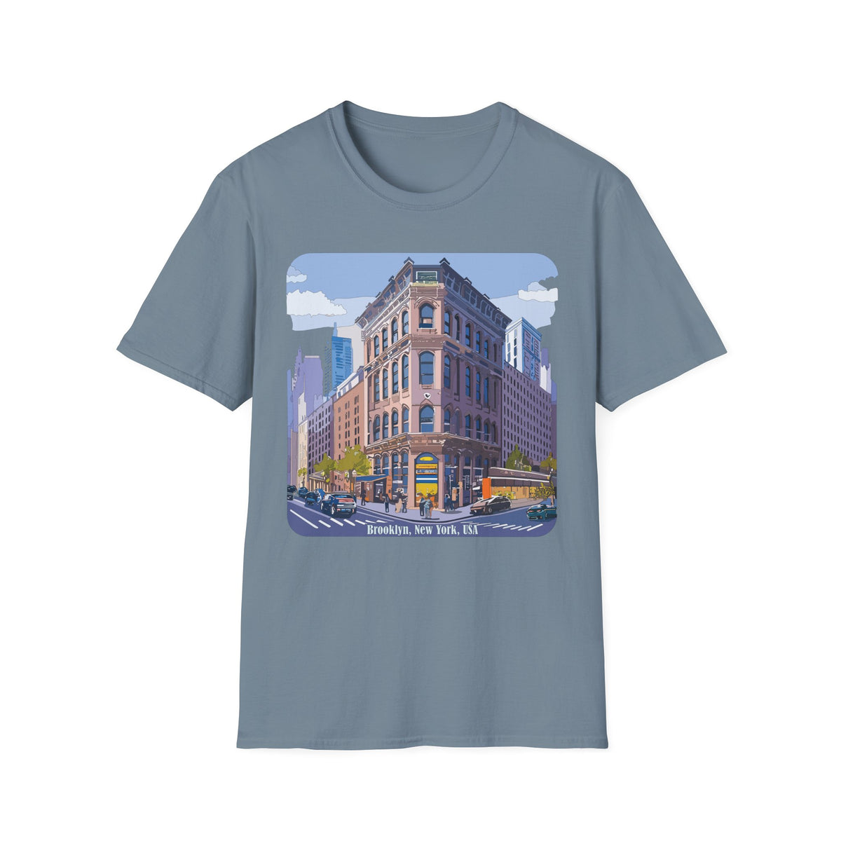 Brooklyn New York Retro Cityscape T-Shirt — Illustrated Landmark Tee Travel Tourist Graphic Design Unisex 100 Cotton Gildan T-Shirt