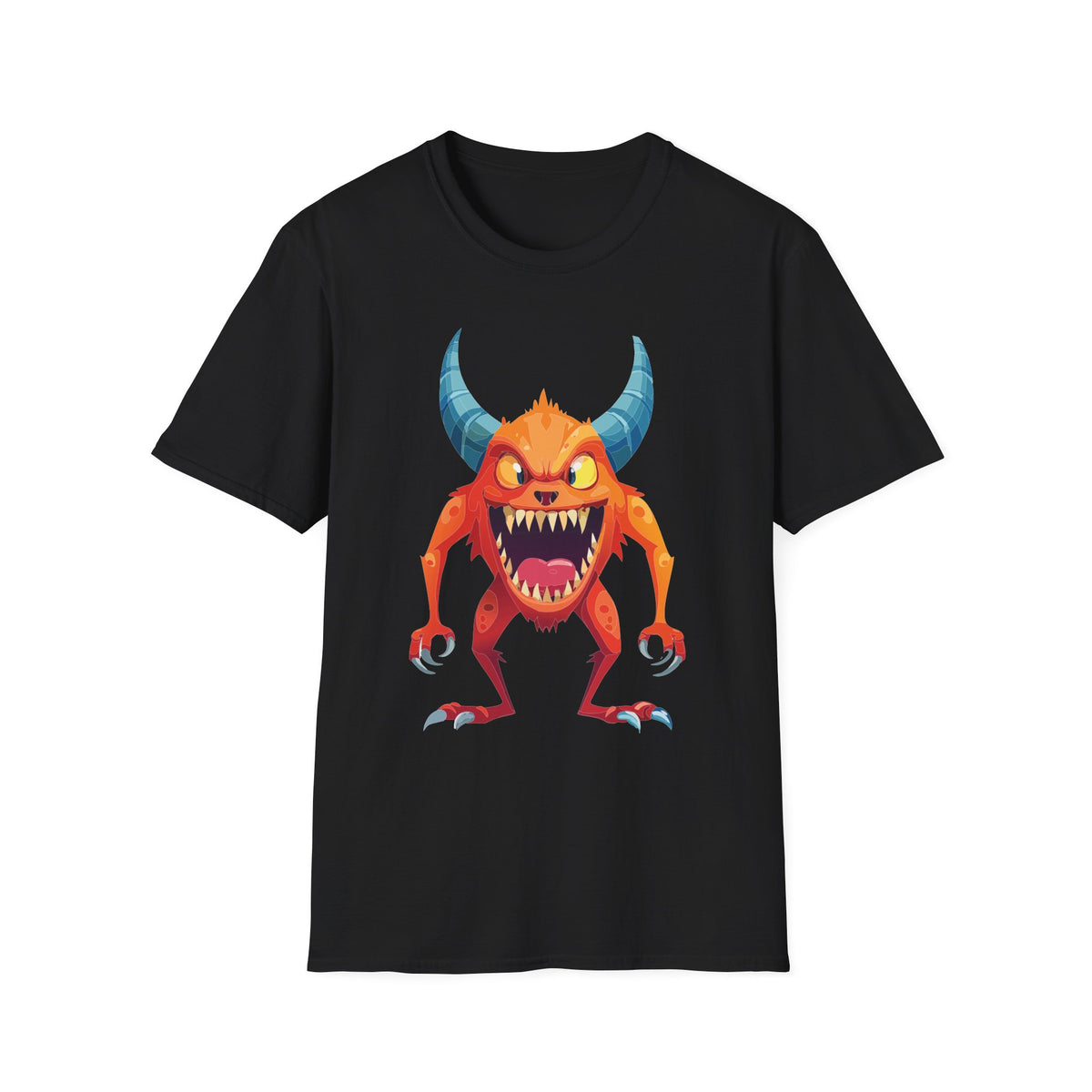 Orange Horned Monster T-Shirt — Cute Scary Cartoon Tee for Kids & Halloween Cartoon Graphic Tee Unisex 100 Cotton Gildan T-Shirt