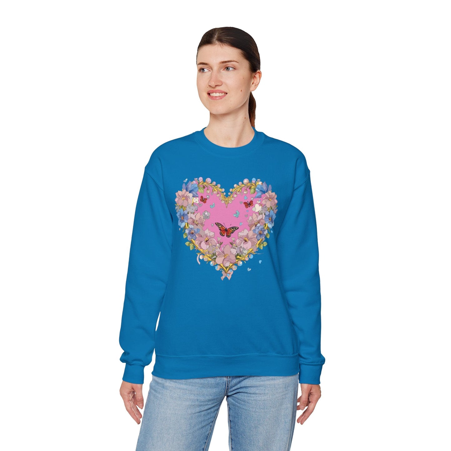 Floral Heart Sweatshirt Unisex Crewneck Gildan 18000 Fifty Fifty Cotton Polyester Valentine's Day