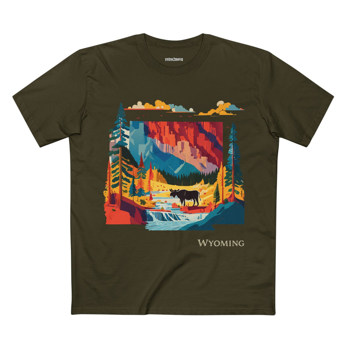 Wyoming Landscape Moose Tee | Vintage National Park Mountain Forest Design