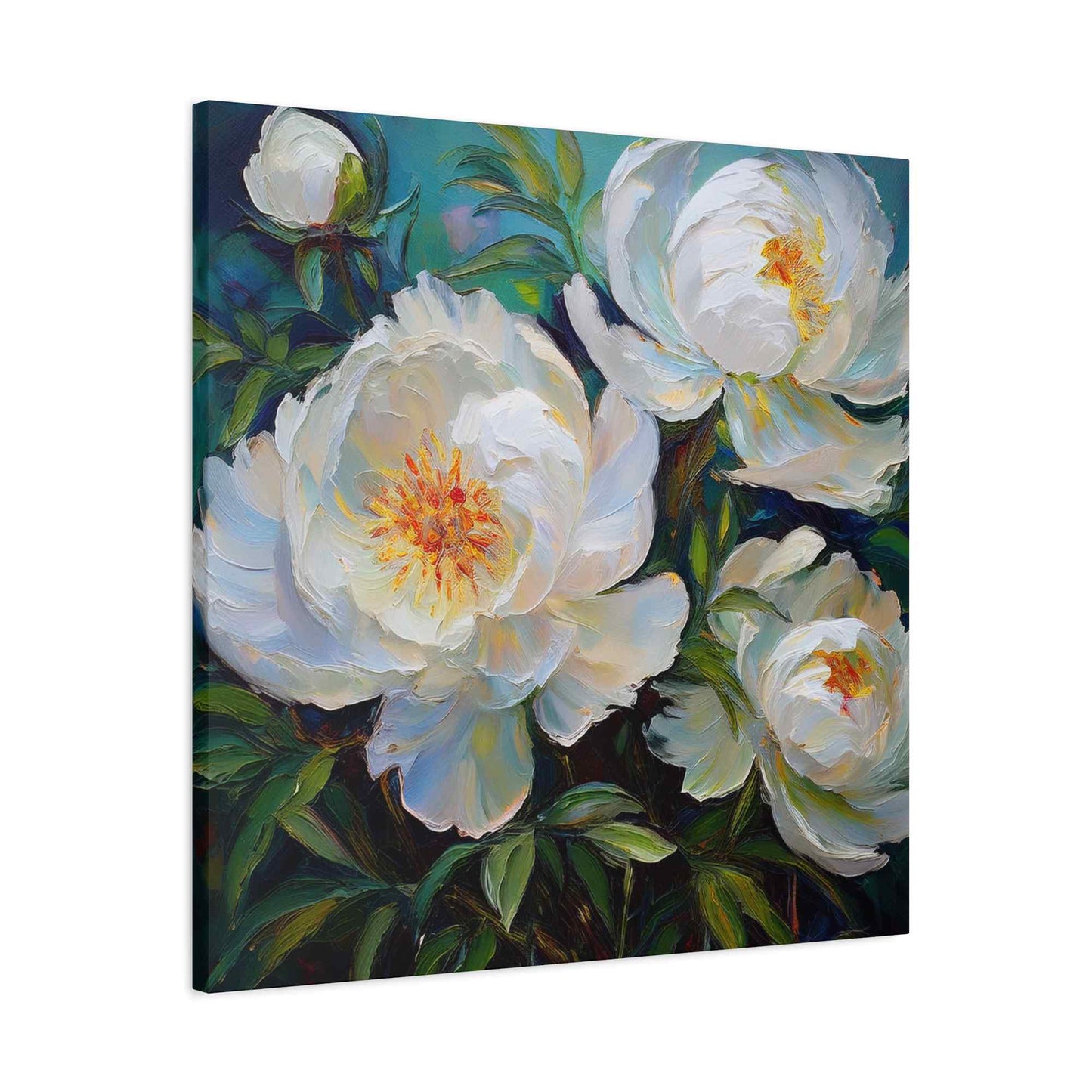 White Peonies Print Canvas, Floral Oil Paint Print 20x20, 24x24, 30x30, 32x32, 36x36 Art Design Pine-Wood Inner Frame MC-119