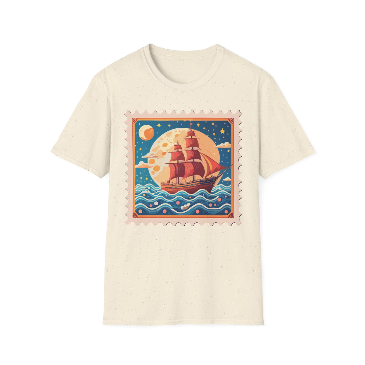 Vintage Sailing Ship Stamp T-Shirt | Retro Moon Ocean Illustration