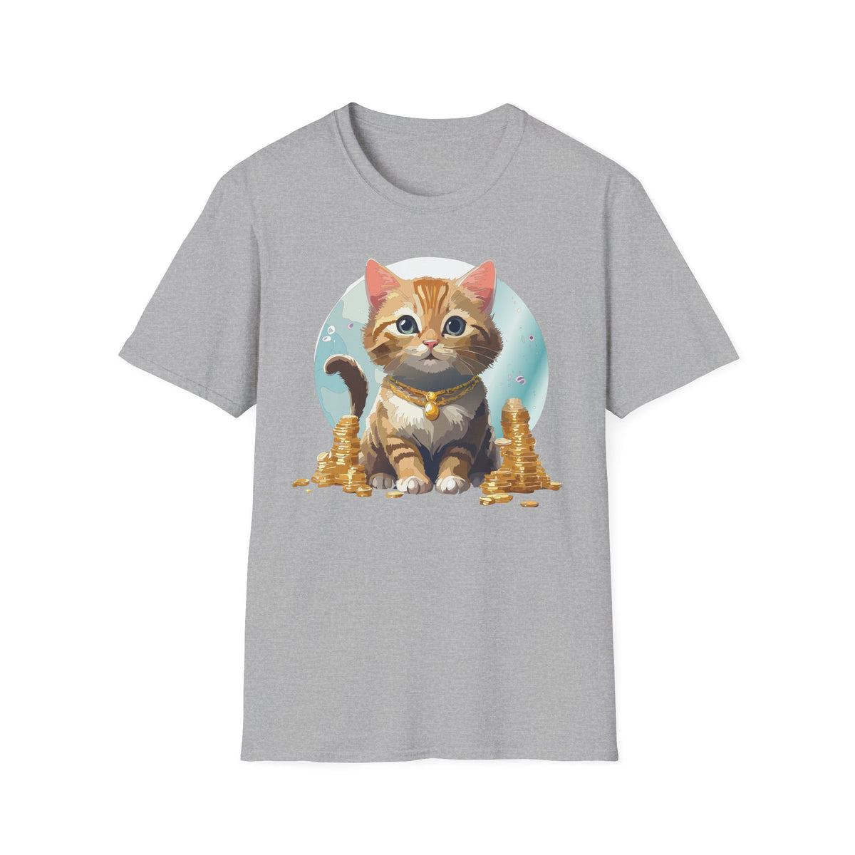 Lucky Cat Illustration T-Shirt | Cute Kitten with Coins