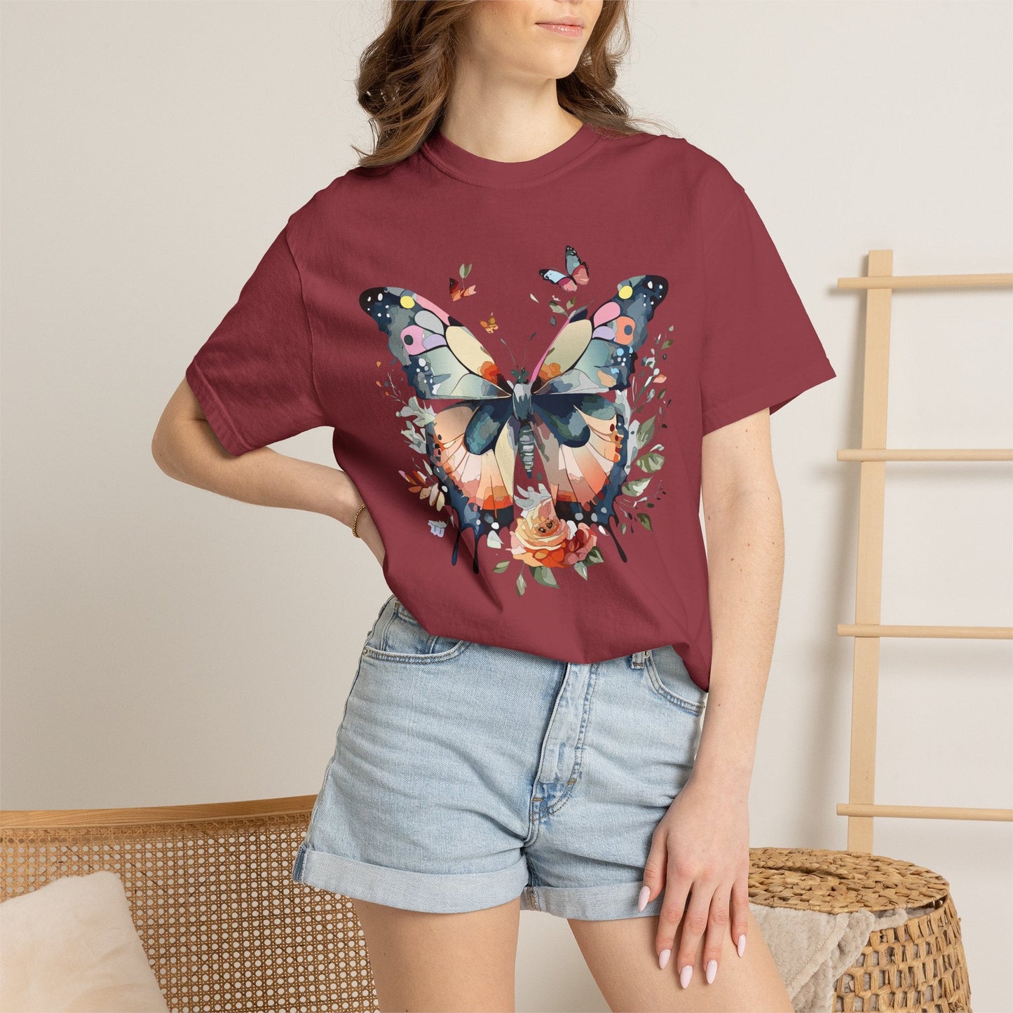 Butterfly Floral Print T-Shirt Botanical Design Unisex Heavy Cotton Tee b3