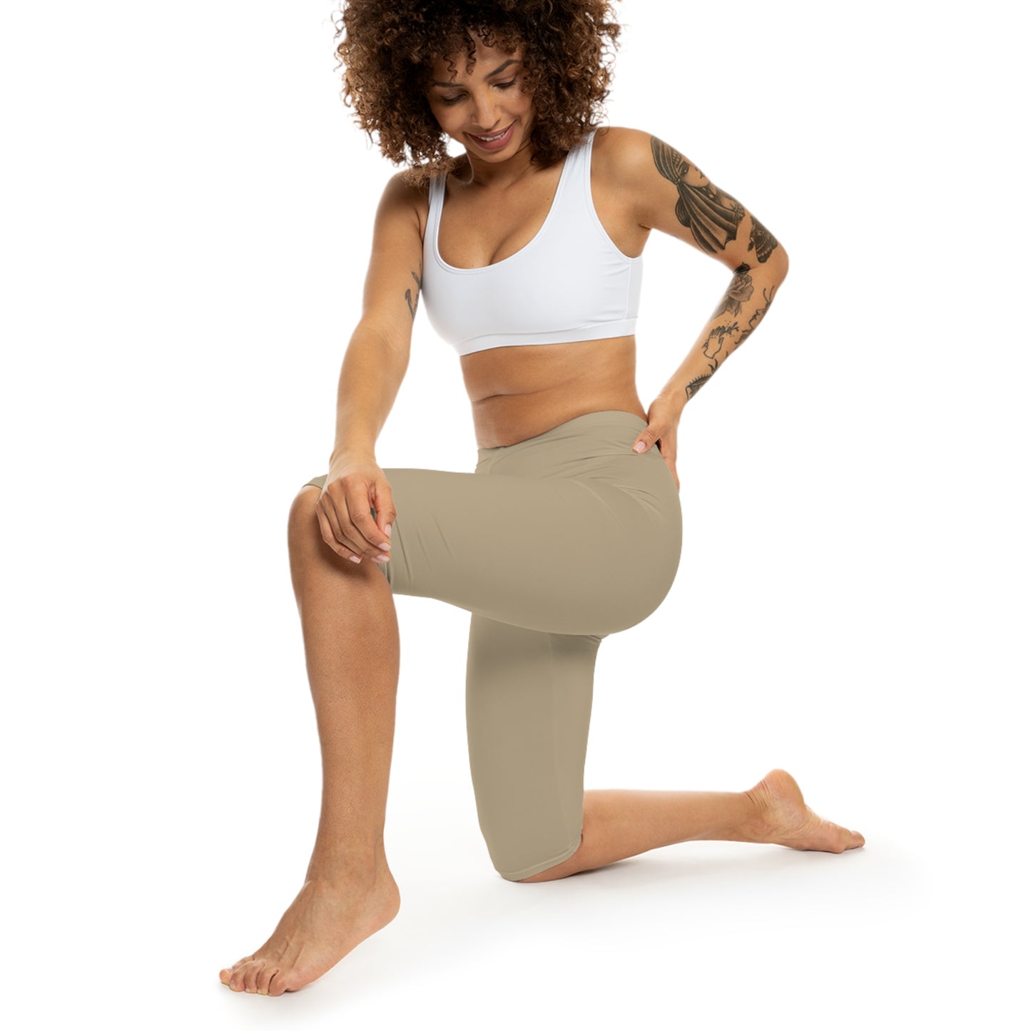 Khaki Beige Color Women's Brushed Suede Poly Span Casual Capri Leggings XS-2XL