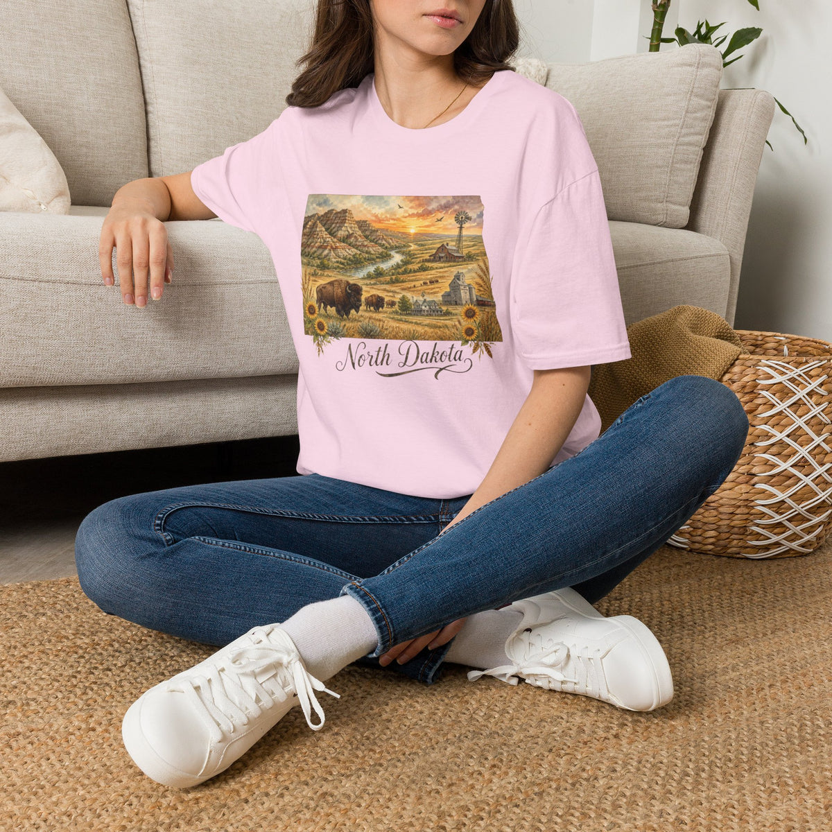North Dakota State Travel Tourist Graphic Design Unisex 100 Cotton Gildan T-Shirt
