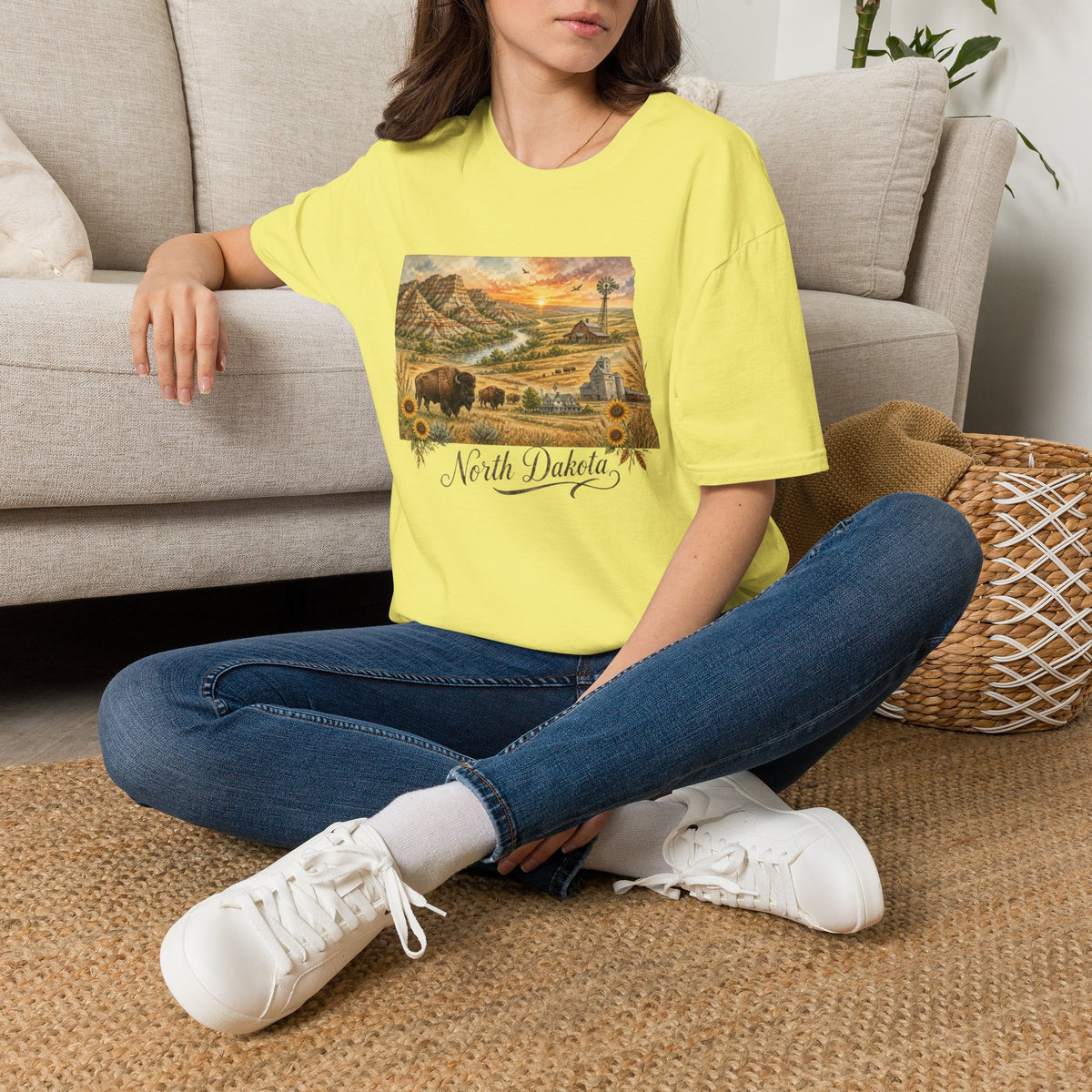 North Dakota State Travel Tourist Graphic Design Unisex 100 Cotton Gildan T-Shirt