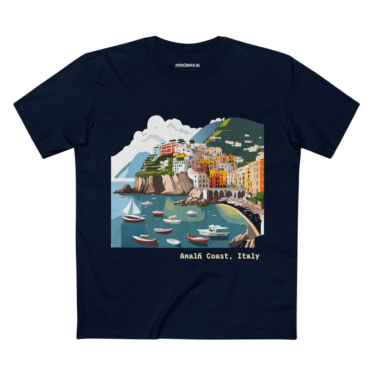 Amalfi Coast Italy Illustration T-Shirt | Coastal Village Beach Scene