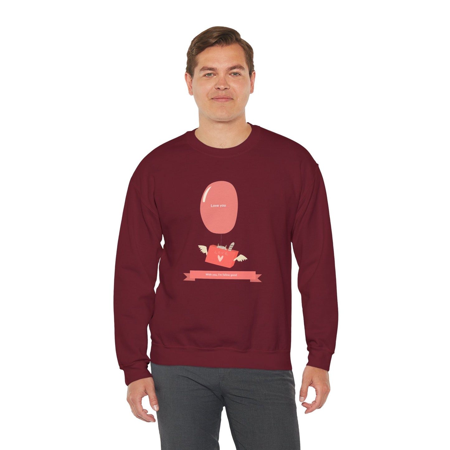 Cat Love Balloon Sweatshirt Unisex Fifty Fifty Cotton Poly Valentine Heavy Blend Crewneck Sweatshirt