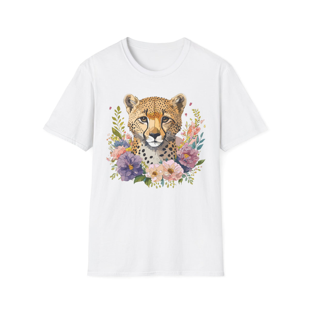 Floral Cheetah Face T-Shirt | Leopard Portrait Tee, Botanical Illustration
