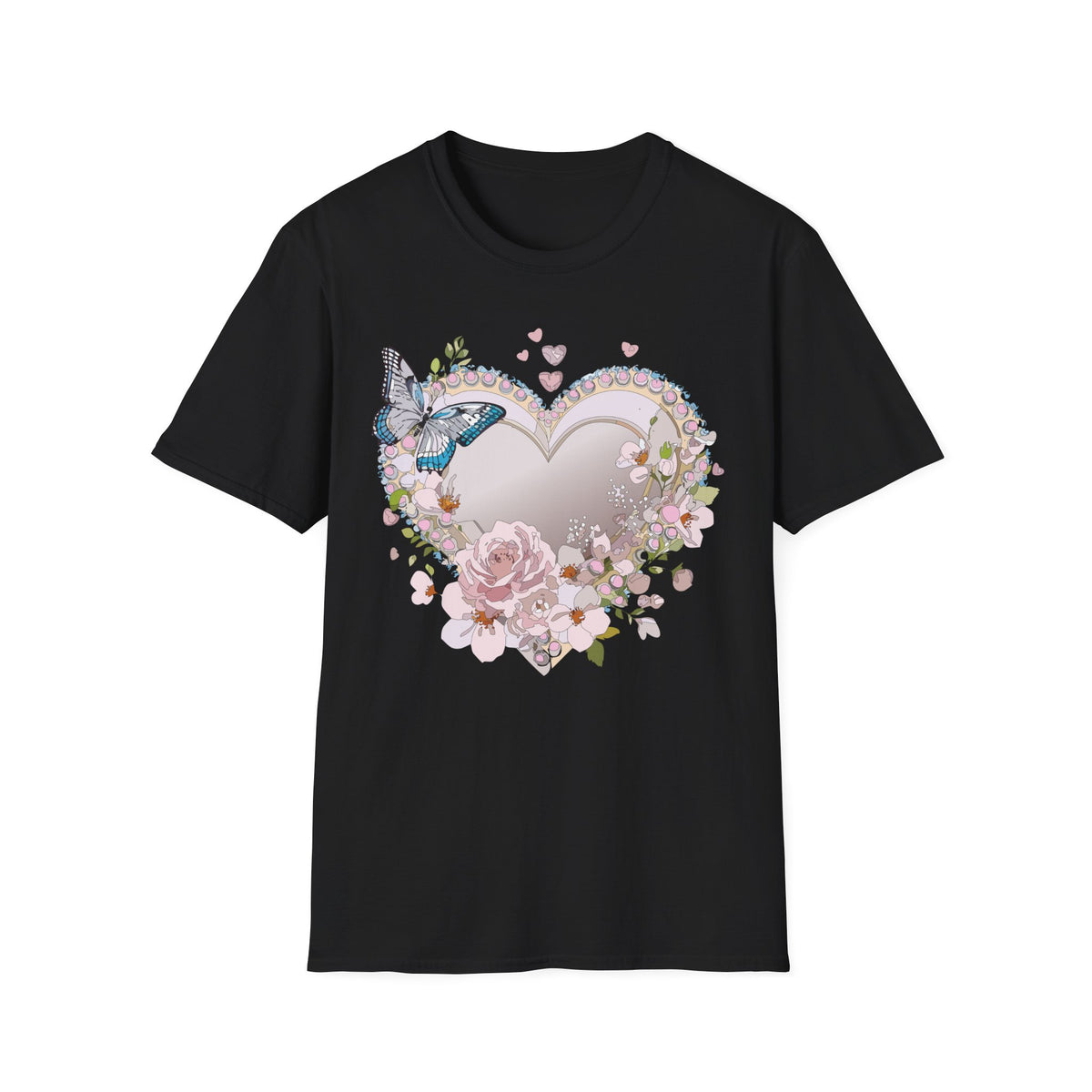 Floral Heart with Butterfly T-Shirt | Romantic Pastel Garden Graphic Tee Unisex 100 Cotton Gildan T-Shirt