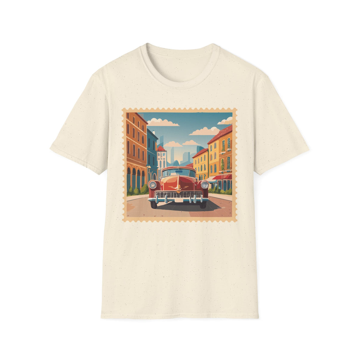 Vintage Cityscape Stamp T-Shirt | Retro Car Street Graphic Tee Unisex 100 Cotton Gildan T-Shirt