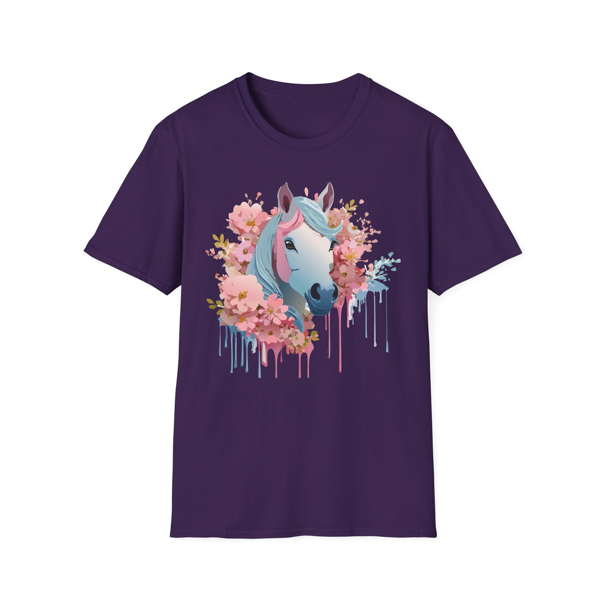 Pastel Floral Unicorn T-Shirt | Horse Portrait, Pink Blue Mane