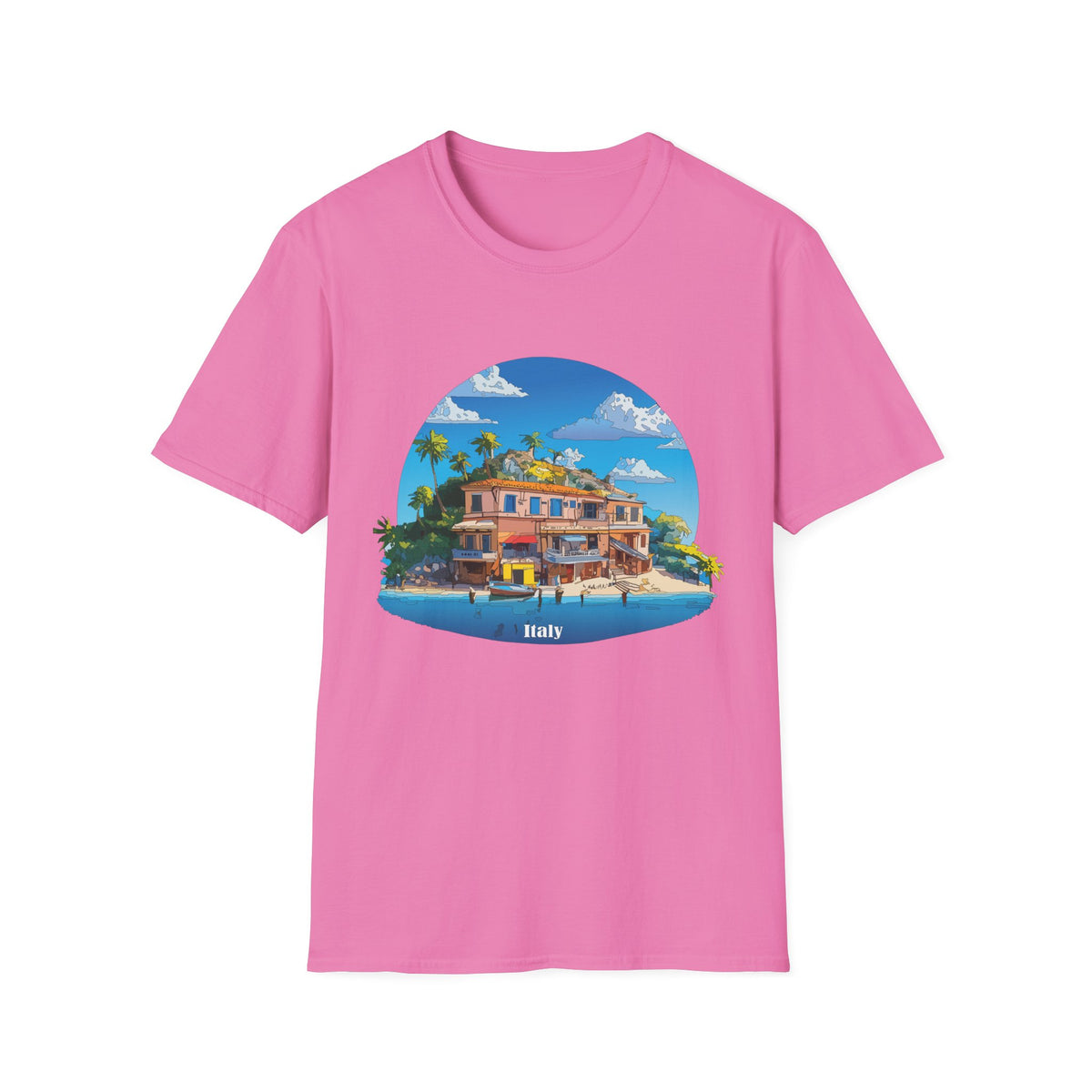 Italy Tropical Beach House Palm Trees T-Shirt | Seaside Villa Illustration