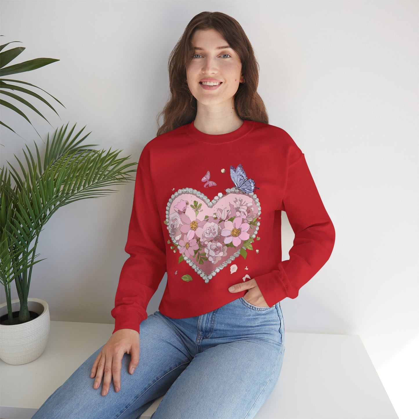 Floral Heart Sweatshirt for Unisex Valentines Day Crewneck Heart Floral Print Gift
