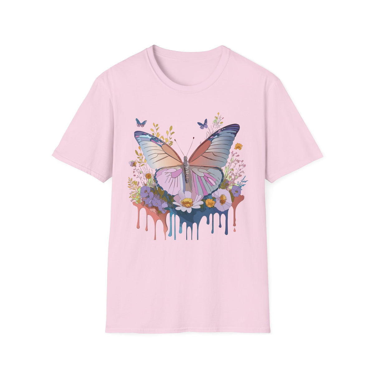Butterfly Floral T-Shirt — Pastel Watercolor Wings with Drip Art Graphic Tee Unisex 100 Cotton Gildan T-Shirt