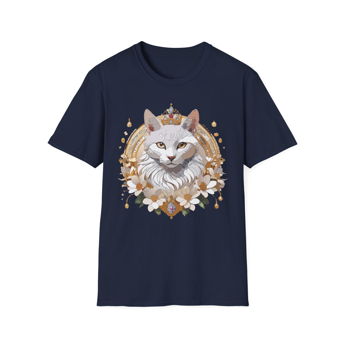 Regal White Cat Illustration T-Shirt | Crowned Feline Art