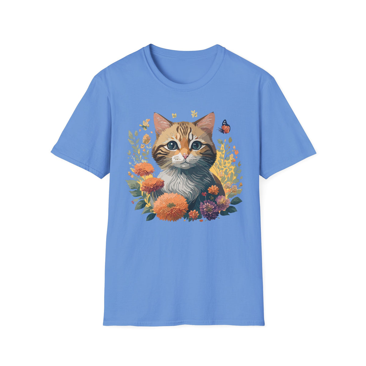 Cute Tabby Kitten Floral Illustration T-Shirt | Cat, Butterfly, Wildflowers Graphic Tee Unisex 100 Cotton Gildan T-Shirt