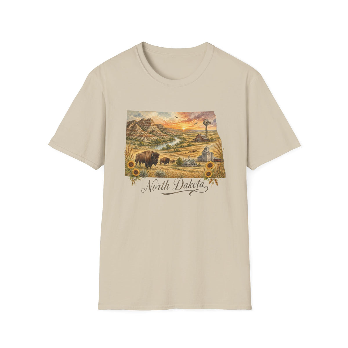 North Dakota State Travel Tourist Graphic Design Unisex 100 Cotton Gildan T-Shirt