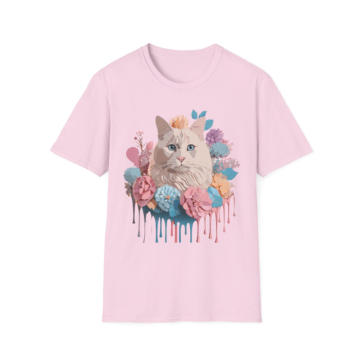 Floral Cat Portrait T-Shirt | Watercolor Kitty with Flowers
