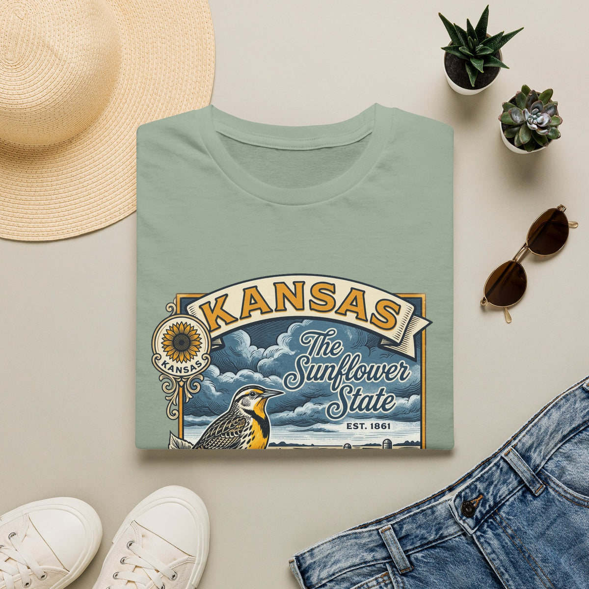 Kansas Sunflower State T-Shirt | Meadow Bird Vintage Travel Tourist Graphic Design Unisex 100 Cotton Gildan T-Shirt