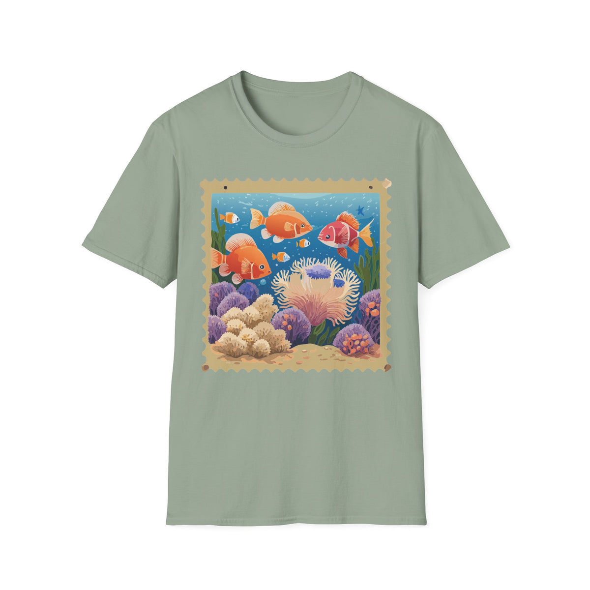 Goldfish Aquarium Illustration T-Shirt | Underwater Coral Reef Stamp Graphic Tee Unisex 100 Cotton Gildan T-Shirt
