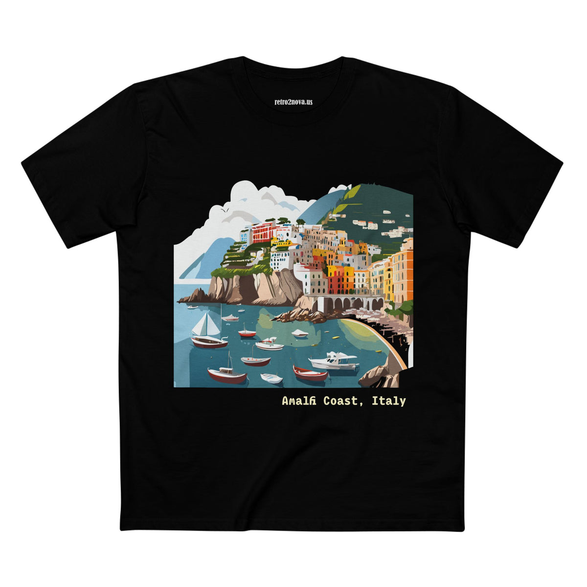 Amalfi Coast Italy Illustration T-Shirt | Coastal Village Beach Scene
