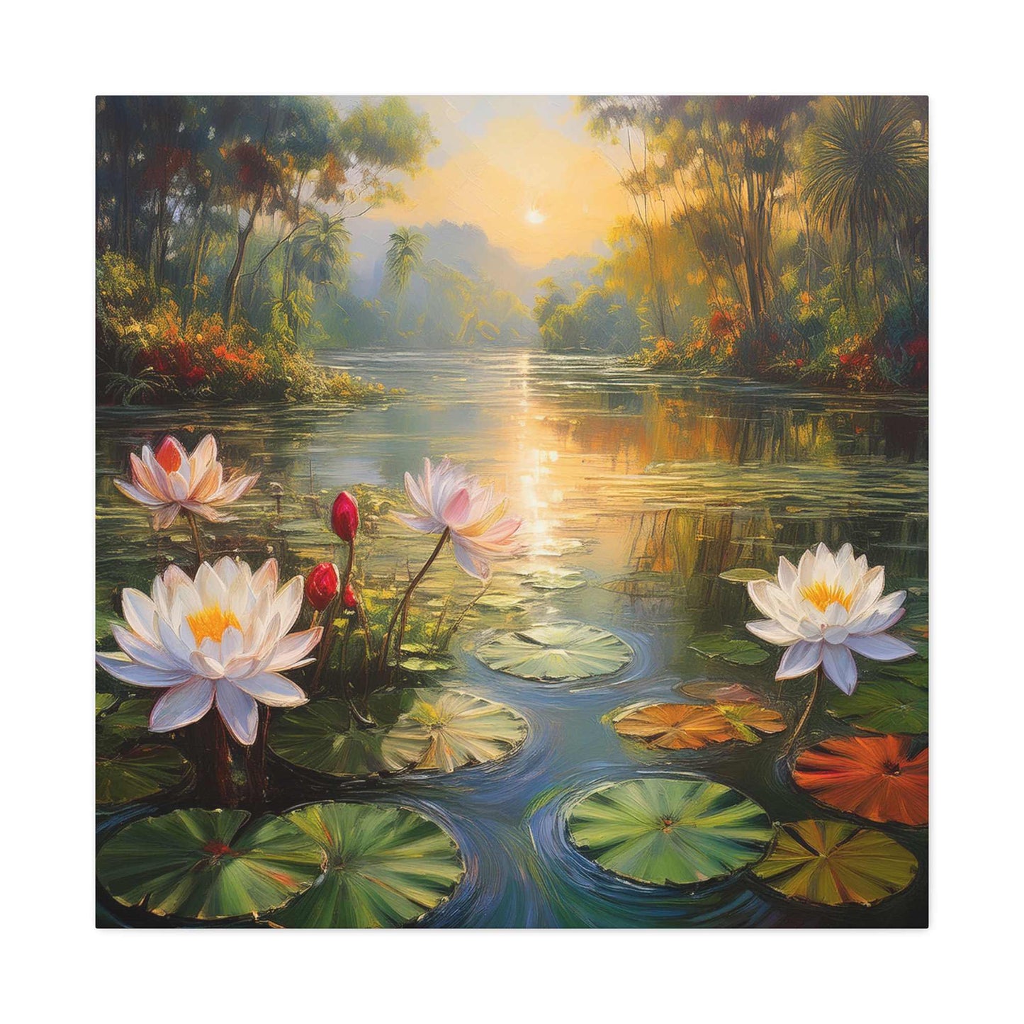 Water Lilies Print Canvas, Oil Paint Print 20x20, 24x24, 30x30, 32x32, 36x36 Floral Art Print Pine-Wood Inner Frame MC-65